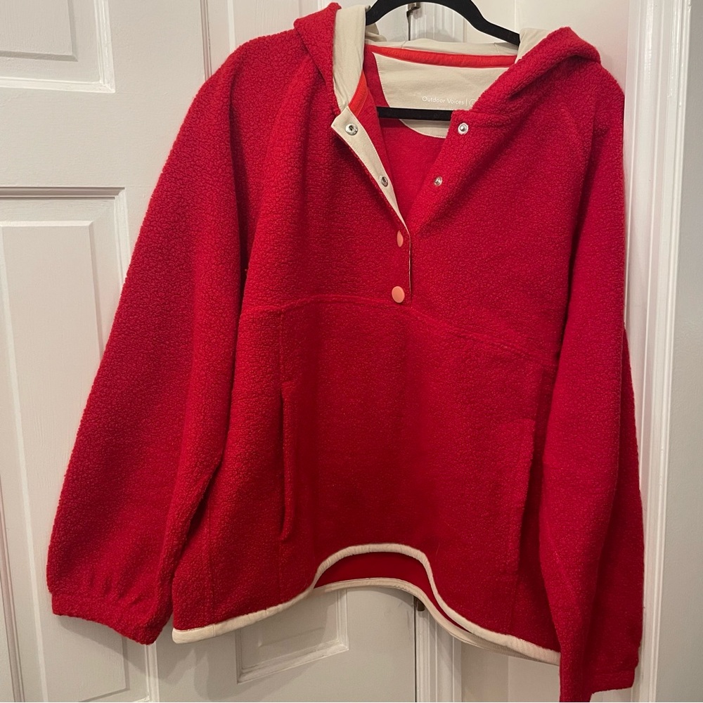 Outdoor Voices Red Sherpa Hoodie with Cream Trim Accents
